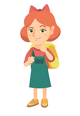 Image showing Caucasian little girl with school bag thinking.