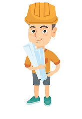 Image showing Little caucasian engineer boy holding paper plans.