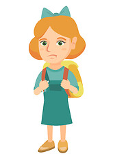 Image showing Little caucasian sad schoolgirl carrying backpack.