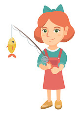 Image showing Little girl holding fishing rod with fish on hook.