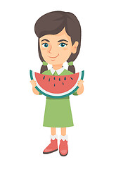 Image showing Young caucasian girl eating delicious watermelon.