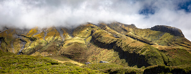 Image showing volcano Taranaki covered in clouds, New Zealand 