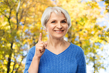 Image showing senior woman pointing finger up in autumn park