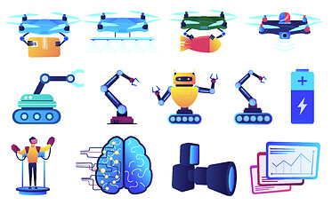 Image showing Robot technology and drone delivery service vector illustrations set.