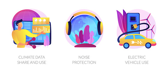 Image showing Climate data share and use, noise protection, electric vehicle use vector concept metaphors.