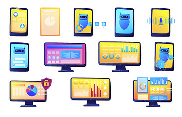 Image showing Computer data analysis and chat bot vector illustrations set.