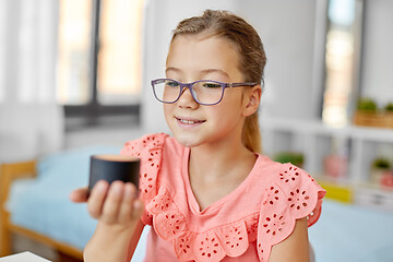 Image showing student girl using smart speaker at home