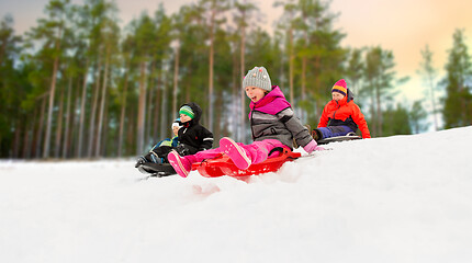 Image showing kids sliding on sleds down snow hill in winter