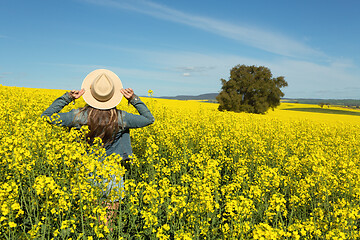 Image showing Female in denim jacket and shorts  in a field of flowering canol