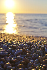 Image showing Beautiful seascape, amazing view of pebble coastline.