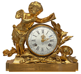 Image showing Old vintage gilded table clock with an angel