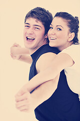 Image showing happy young couple fitness workout and fun