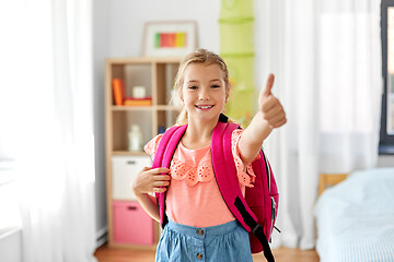 Image showing student girl with school bag showing thumbs up