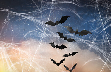 Image showing black bats over starry night sky and spiderweb