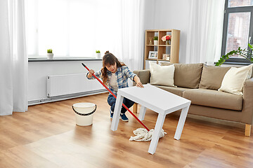 Image showing woman or housewife with mop cleaning floor at home