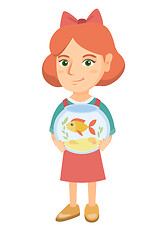 Image showing Caucasian girl holding aquarium with goldfish.