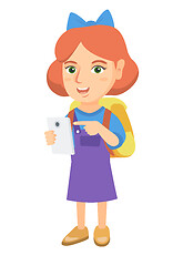 Image showing Caucasian girl with backpack pointing at cellphone