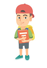 Image showing Caucasian schoolboy with backpack and textbook.