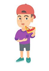 Image showing Caucasian boy eating tasty pizza.