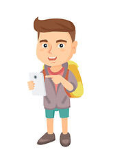 Image showing Caucasian boy with backpack pointing at cellphone.