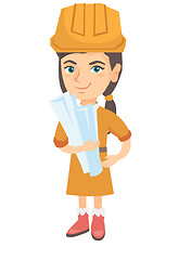 Image showing Little caucasian engineer girl holding paper plans