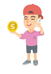 Image showing Boy businessman talking on phone and holding coin.