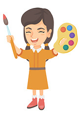 Image showing Happy girl drawing with colorful paints and brush.