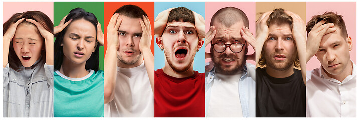 Image showing Group of cool people, woman and man stressful keeping hands on head