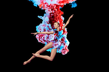 Image showing Modern art collage. Concept ballerina\'s legs with colorful smoke.