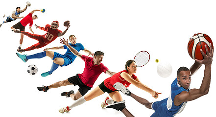 Image showing Sport collage about soccer, american football, basketball, volleyball, tennis, rugby, handball
