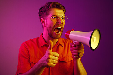 Image showing man making announcement with megaphone