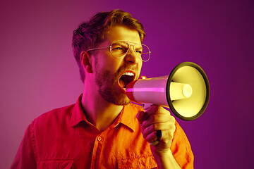 Image showing man making announcement with megaphone