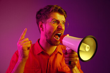 Image showing man making announcement with megaphone