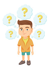 Image showing Thinking caucasian boy with question marks.