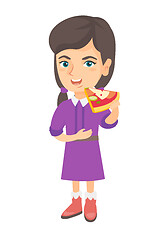 Image showing Caucasian girl eating tasty pizza.