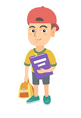 Image showing Caucasian pupil with backpack and textbook.