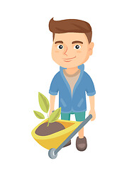 Image showing Boy pushing wheelbarrow with soil and plant.