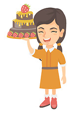 Image showing Little caucasian girl holding a chocolate cake.