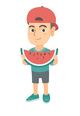 Image showing Young caucasian boy eating delicious watermelon.