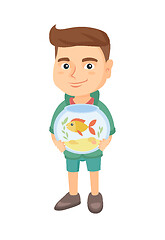 Image showing Caucasian boy holding aquarium with goldfish.