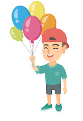 Image showing Caucasian boy with the bunch of colorful balloons.