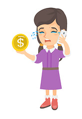 Image showing Little business woman crying and talking on phone.