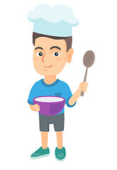 Image showing Caucasian boy holding a saucepan and a spoon.