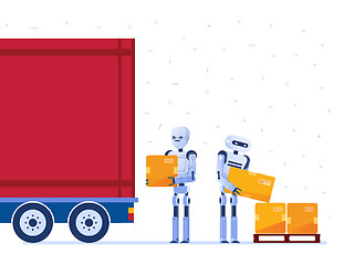 Image showing Warehouse robot workers loading truck with boxes.