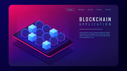 Image showing Isometric blockchain application landing page concept.