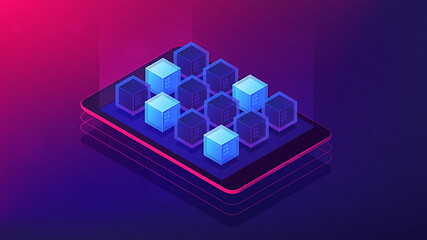 Image showing Isometric blockchain application landing page concept.