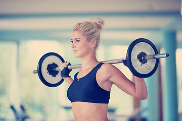 Image showing young woman in fitness gym lifting  weights