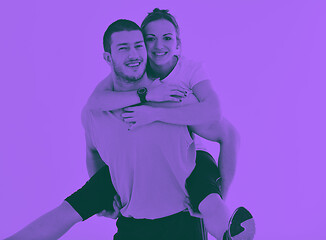 Image showing happy young couple fitness workout and fun