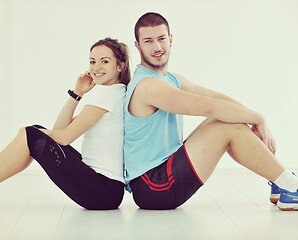 Image showing happy young couple fitness workout and fun