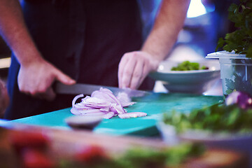 Image showing Chef  hands cutting the onion with knife